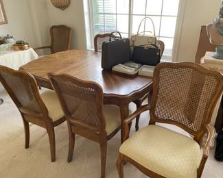 dining room table with two leaves and six chairs; vintage purses