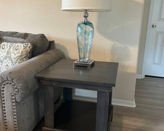 End table, blown glass lamp