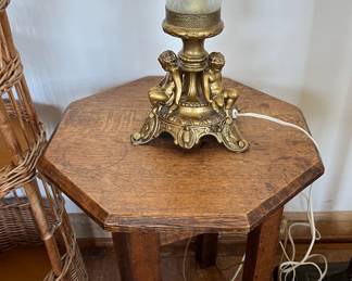 Oak table, heavy cast lamp