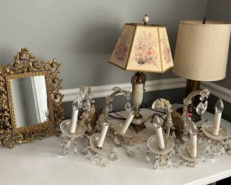 Crystal wall sconces, marble lamp, picture frame mirror