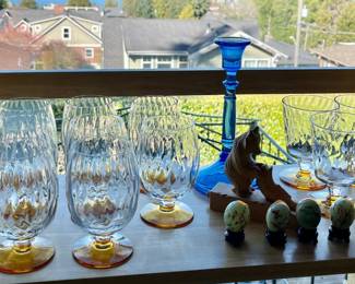 Empoli Italy diamond optic / amber stem water glasses + wine glasses