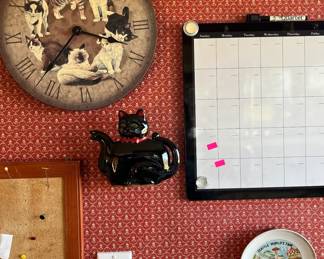 Cat "Meow" clock, Japan redware cat wall pocket