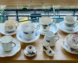 Many teacups: Paragon, Sadler, Aynsley, Royal Albert, Royal Winton, Tuscan, Rosina, Royal Standard, Limoges