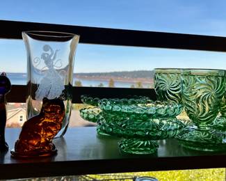 Pilgrim glass, Swedish cat family, Baccarat uranium swirl glasses with underplates