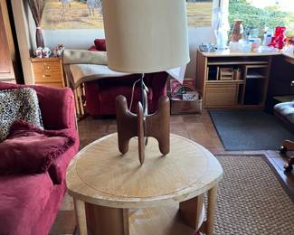 MCM Brown Saltman rotating bookshelf table + unknown table lamp