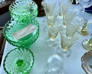 Baccarat uranium compotes, Fostoria Versailles footed tumbers