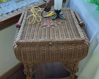 Heywood Wakefield wicker sewing basket, Hummingbird lamp