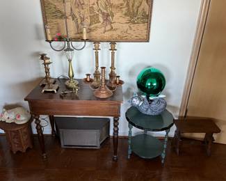 New small tables, foot stool, copper/brass candlesticks