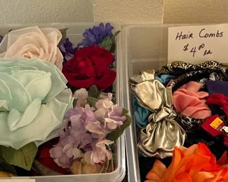 Silk flower pins, hair combs (banana combs mostly)