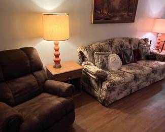 VINTAGE FLORAL SOFA ,ORANGE LAMPS AND ROBERT WOOD OCTOBER GOLD LANDSCAPE