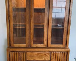 Mid Century Pure and Simple Oak Lighted China Hutch.