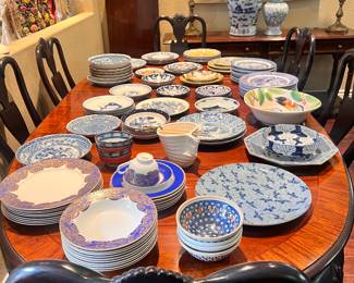 All dishes Talavera, Puebla, Mexico, Blue Willow, Royal Stafford, Asian, and Japanese origin....Oh! and rare Neiman Marcus Queen's Blue Lace set for 8