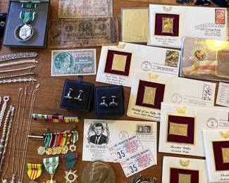 Service medals! Large JFK paperweight medallion, gold stamps!