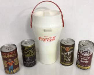 4- Vintage Root Beer Cans & Plastic Coca Cola Decanter