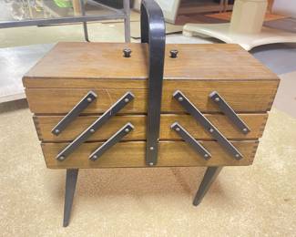 Vtg MCM wooden Accordion Sewing Box w/legs and sewing supplies, $65