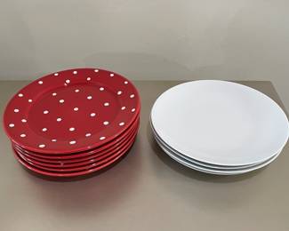 6 red polka dot plates, 9"D,  was $10, NOW $7.    4 white plates, 9",  was $7, NOW $4