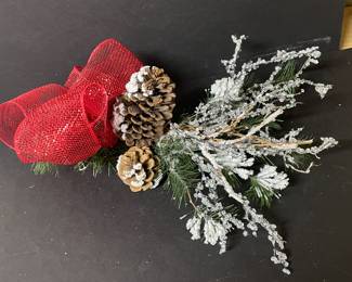 Pine cone frosted spray with mesh red ribbon,  was $8, NOW $5