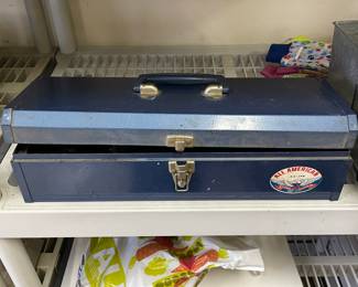 Blue tool box and contents(wrenches and saws),  was $25, NOW $15