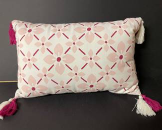 Pink and white pillow w/tassels, 19" x 20",  was $14, NOW $10