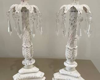 Pair of White washed candle sticks with crystal dangles,  14"H,  was $28, NOW $19