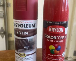 Satin deep red spray paint, was $4, NOW $2 , Gloss banner red spray paint, was $4, NOW $2 