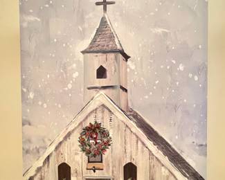 Large Winter Church canvas picture, 24"W x 37"H,  was $38, NOW $25
