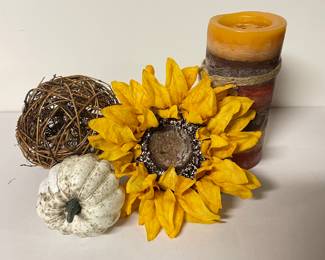 Fall decor - twig ball, white pumpkin, yellow sunflower and candle,  was $8, NOW $6
