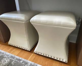 Cream leather nailhead stools on castors, 17"W x 19"H, $110 each