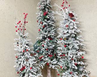 Flocked Christmas trees with decorations, Small 54", was $50, NOW $40.  Medium (76"),  was $75, NOW $60.  Large, 88", was $95, NOW $75