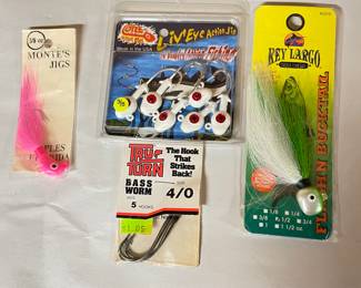 Assortment of hooks - Monte's  jigs, Bass hooks, Liv' eye action Jigs, Flash'N Bucktail,  was $10, NOW $8