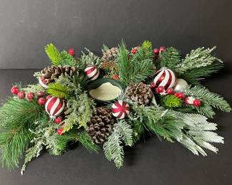 Pine bough, pine cone, berry, red and white stripe ornament centerpiece, 28"L x 16"D,  was $32, NOW $24