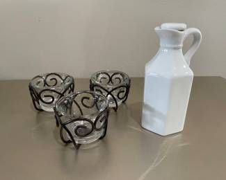 3 glass and metal tealight/votive holders,  was $5, NOW $4.  White cruet w/stopper,  was $5, NOW $4