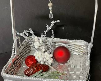 Silver basket with Xmas decor assortment, was $9, NOW $6