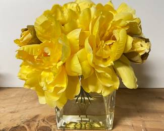 Yellow floral bouquet in glass vase, 10"D x 8"H,  was $14, NOW $10