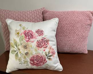 Set of 3 pink and floral pillows, 15" x 15",  was $35, NOW $25
