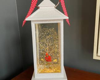 Lighted Cardinal lantern, silver snow, 13"H,  was $28, NOW $18