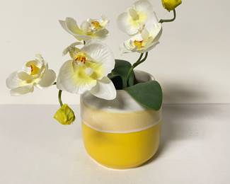 Yellow white faux orchid in yellow and white planter, 7"H,  $14
