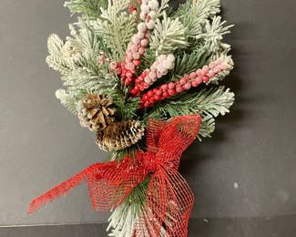 Flocked pine and berry stem with red ribbon,  20", was $12, NOW $9