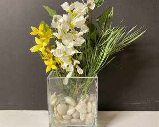 Square glass vase with floral and stones,  5" x 5" x 14"H, 
was $12, NOW $10