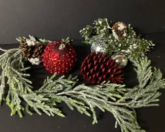 Assorted pine stems, red and silver ornaments and red pine cone,  was $10, NOW $8