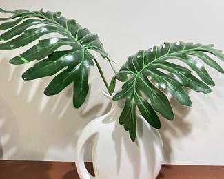 White handled vase with faux staghorn ferns, 11"W x 28"H,  was $38, NOW $32