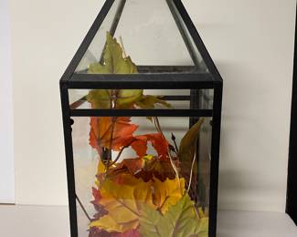 Black glass lantern with fall leaves, 18"H,  was $24, NOW $18