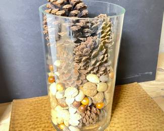Glass cylinder vase with pine cones and acorns, 12"H,  was $15, NOW $10