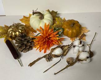 Fall assortment, 3 pumpkins, flower, pine cone, cooton stems,  was $8, NOW $6