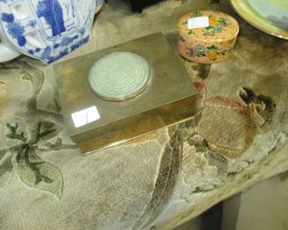 Oriental brass box with jade inset