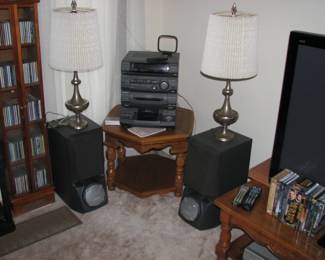 CD's, pair of lamps, Stereo system