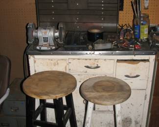Kennedy tool box, bench grinder and a couple stools