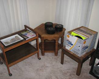rolling cart, small tables and records 45's and LP's
