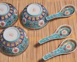 Asian soup bowls, spoons