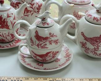 Red transferware teapots
